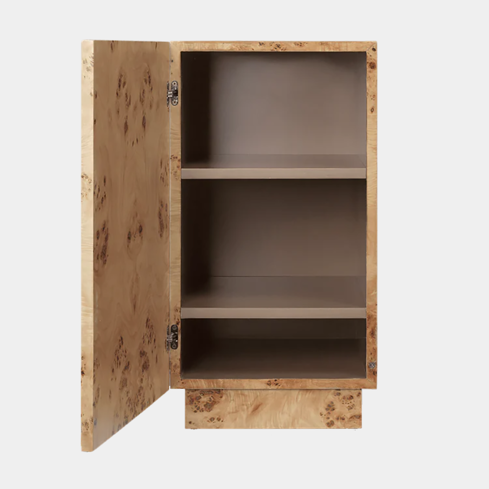 Burl Side Table door open showing interior compartment with adjustable shelf