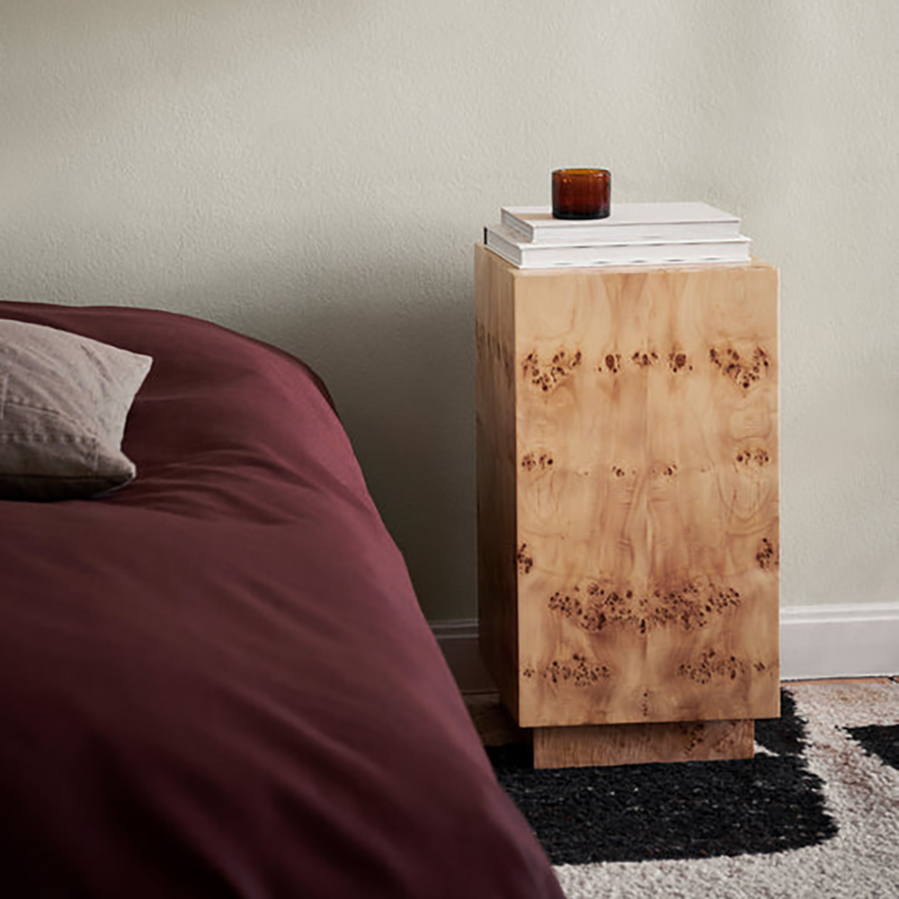 Burl Side Table used as a nightstand, hidden storage for books and remotes