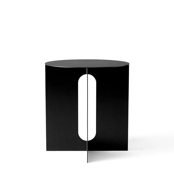 Audo Copenhagen Androgyne Side Table in powder-coated black steel — sculptural geometric base with circular top