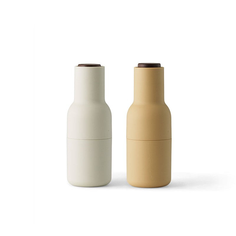 Audo Copenhagen Bottle Grinder in Barley with Walnut top — minimalist salt and pepper mill