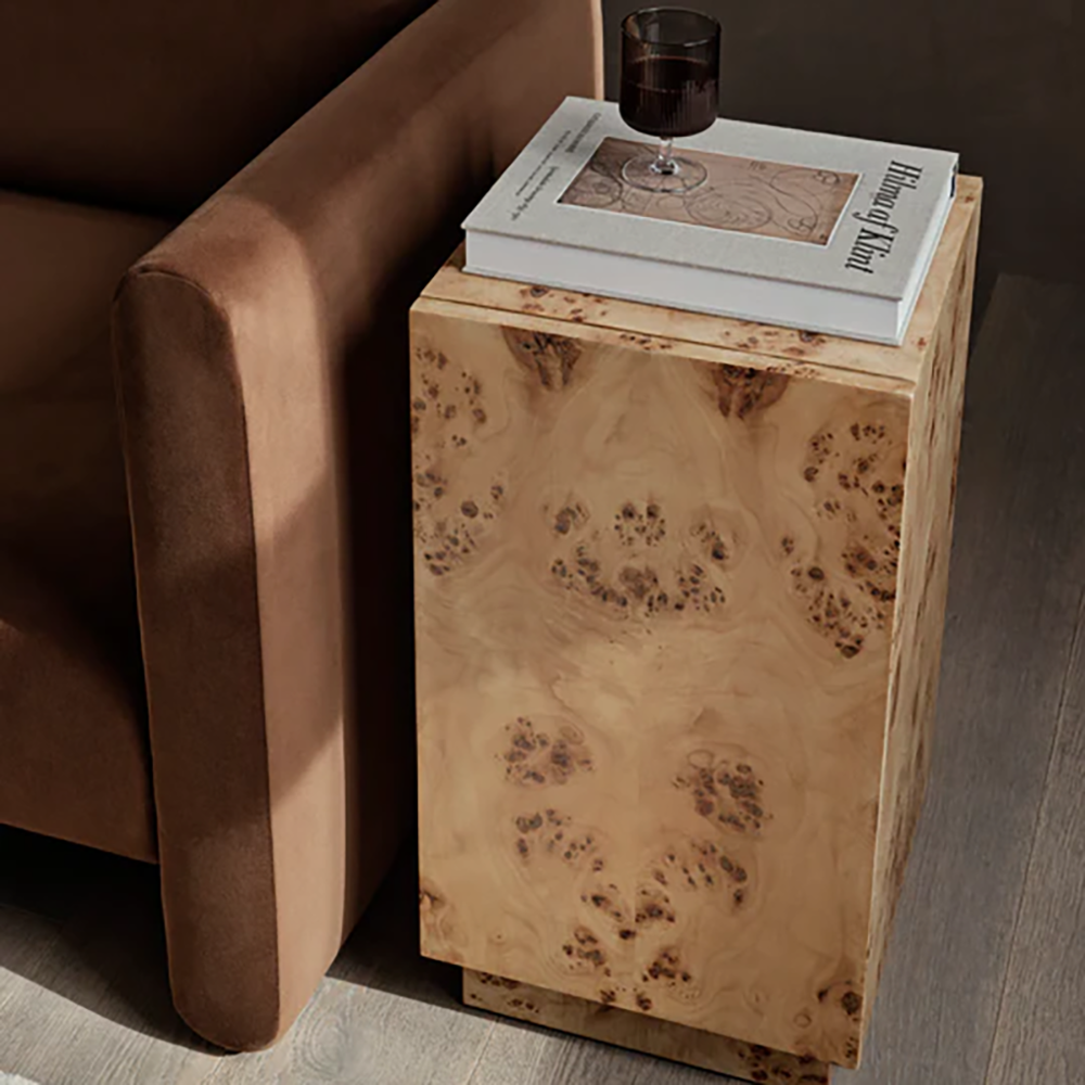 Burl Side Table styled beside a sofa, compact pedestal side table in natural burl