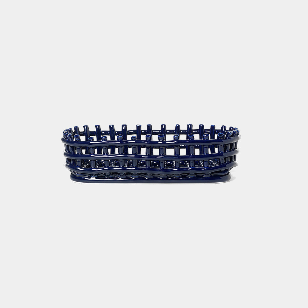 Ceramic Basket Oval by Ferm Living in Blue glazed ceramic, open strap design