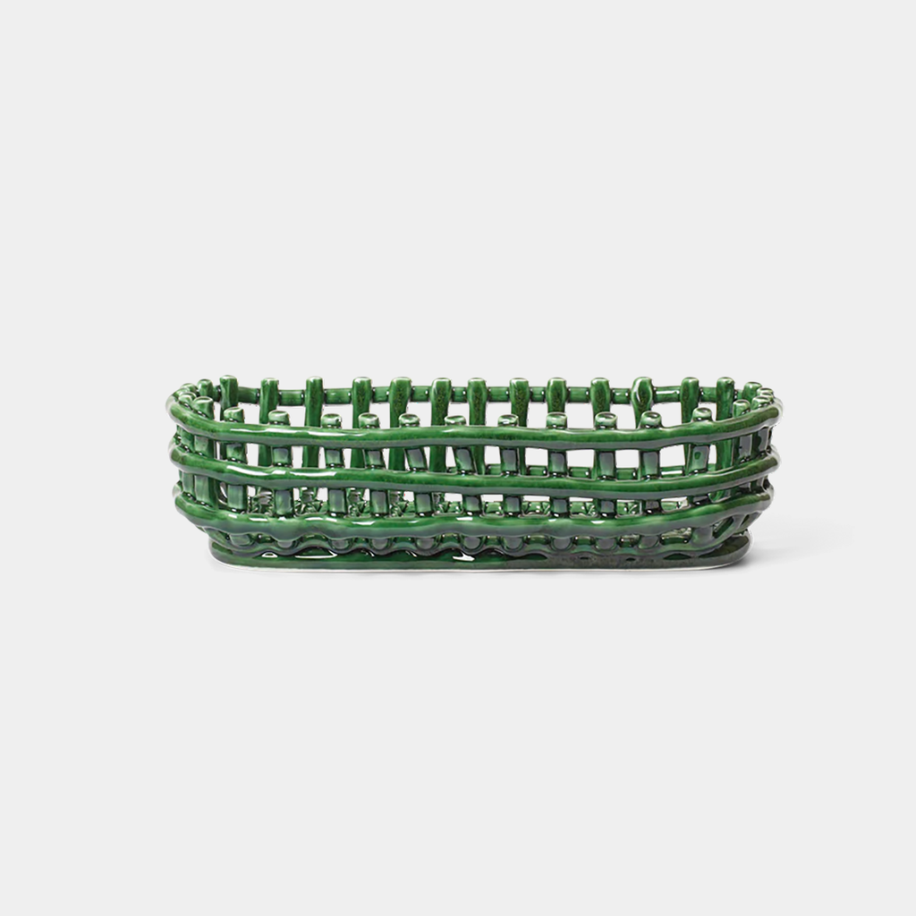 Ceramic Basket Oval by Ferm Living in Emerald Green glazed ceramic, sculptural catch-all