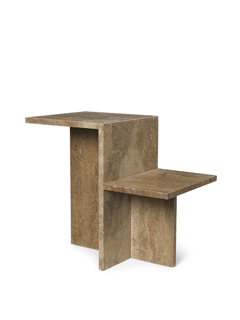 Ferm Living Distinct Side Table in Dark Brown Travertine — architectural stone side table with rich tone and texture.