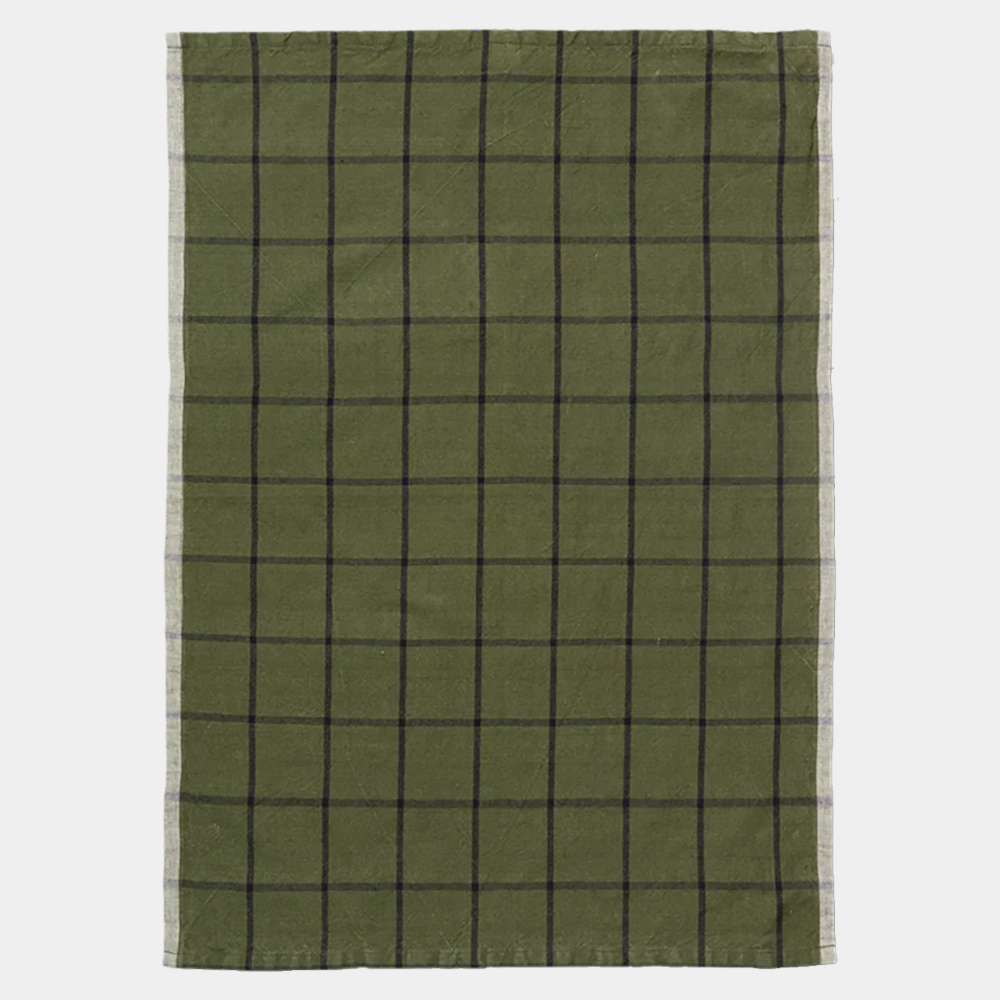Ferm Living Hale Tea Towel in Green and Black check — yarn-dyed linen-cotton towel with natural tone