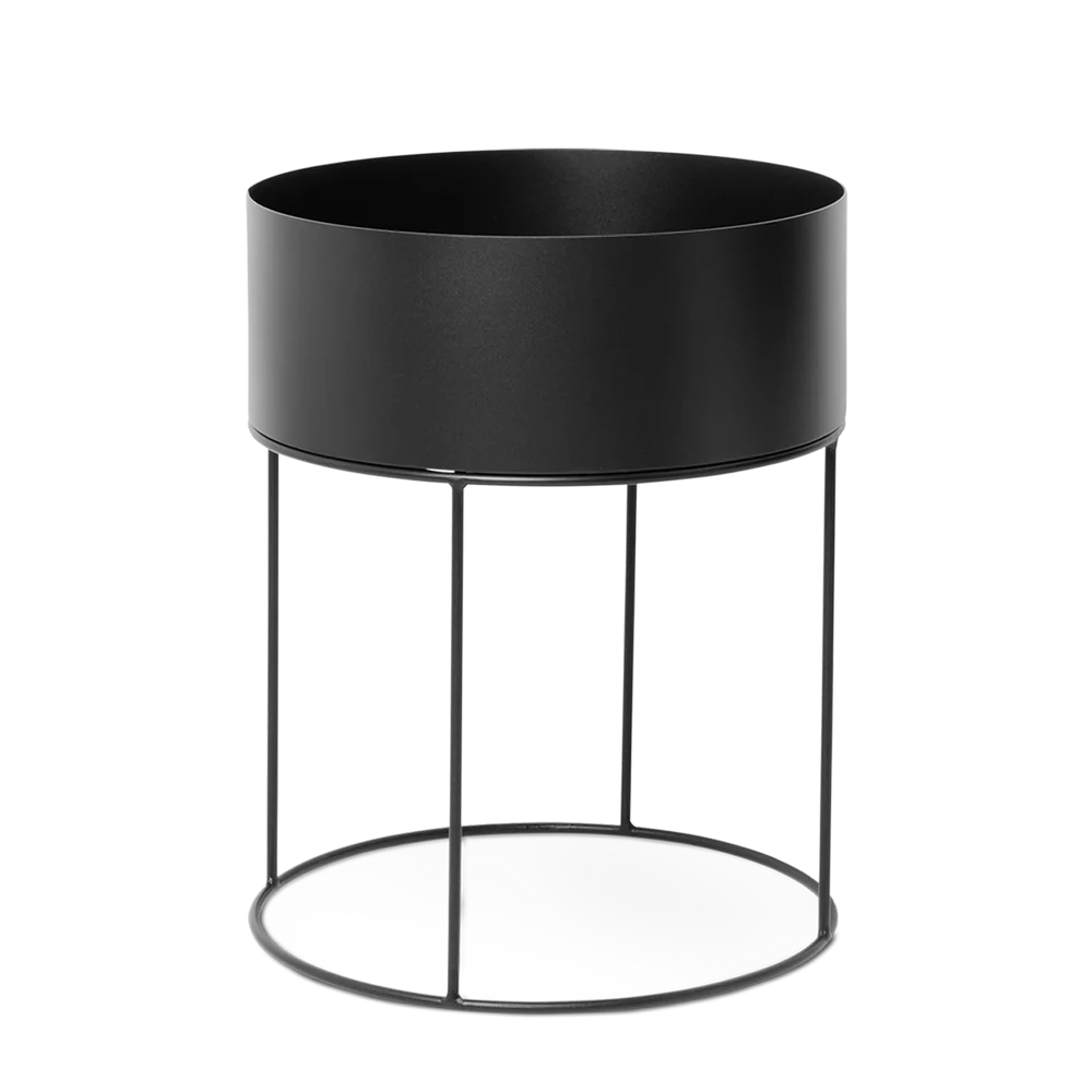 Ferm Living Plant Box Round in Black— circular powder-coated steel planter with elevated metal stand