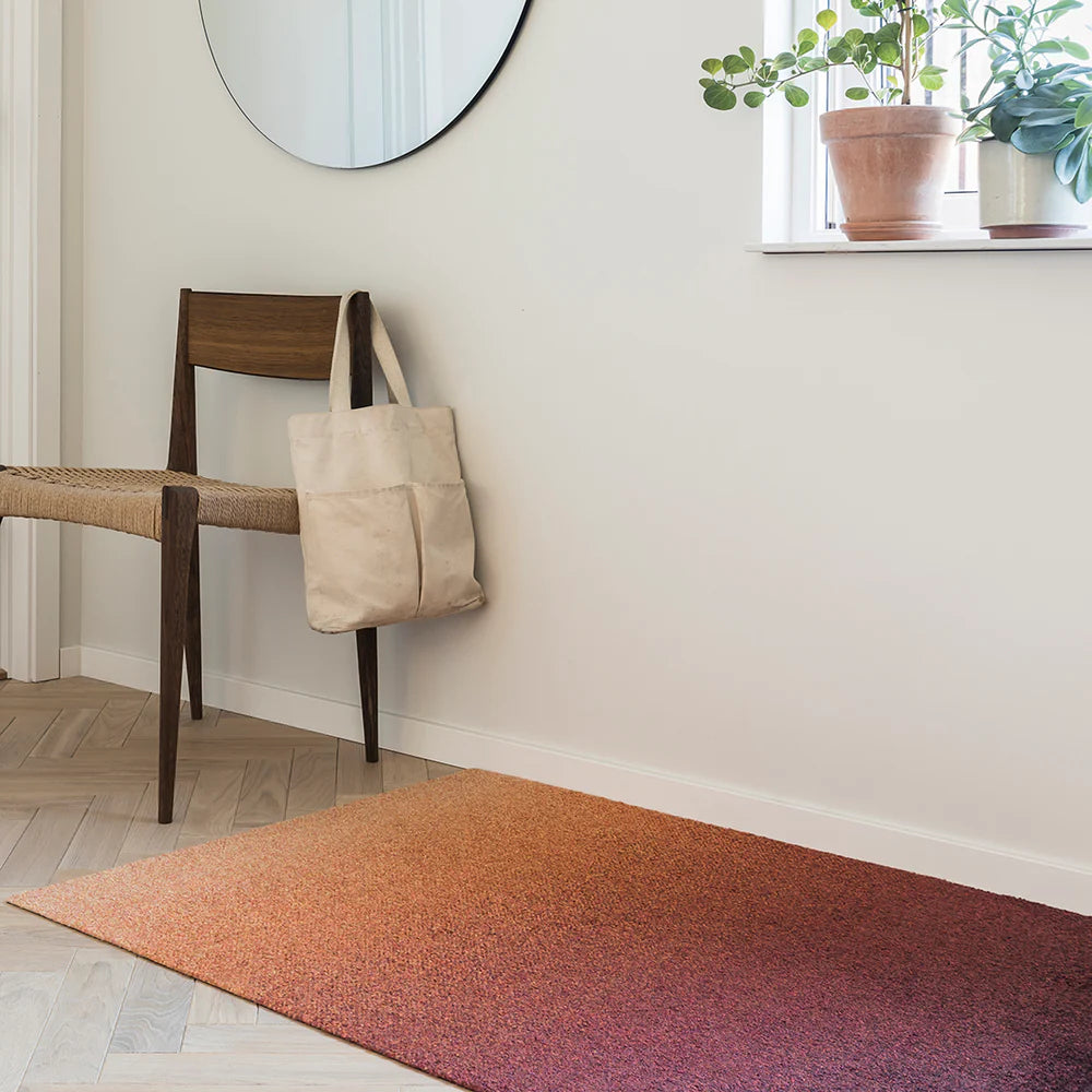 Dis Rust ombré doormat in earthy tones, styled with plants in terracotta pots and oak parquet floors