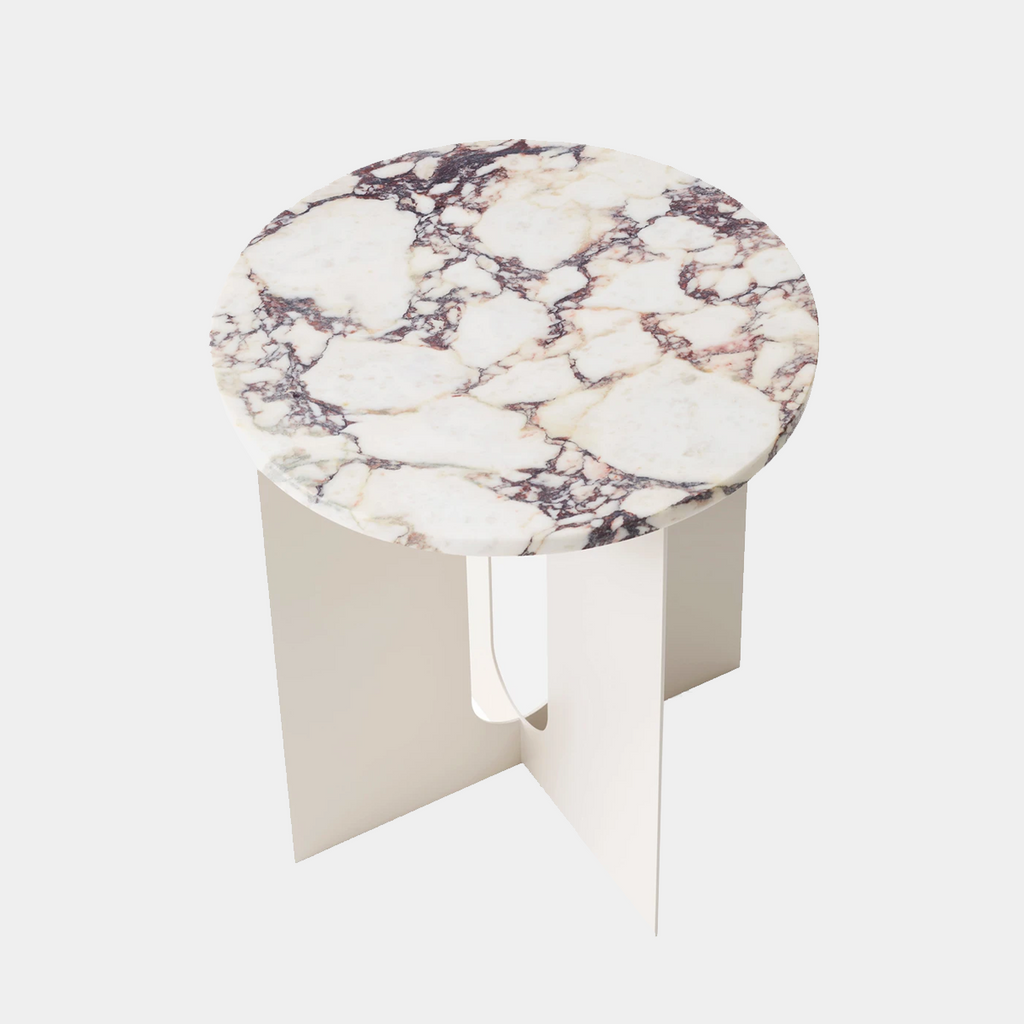 Detail of Calacatta Viola Marble marble top on the Androgyne Side Table