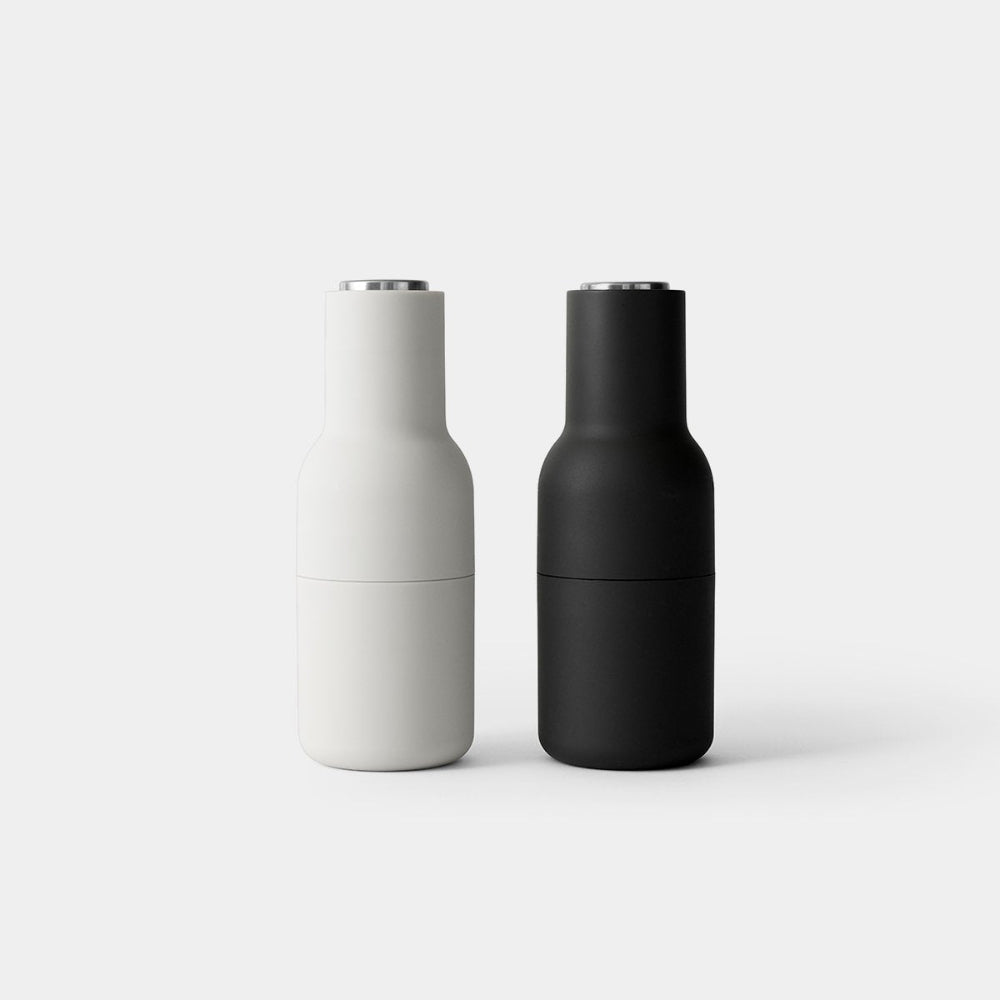Audo Copenhagen Bottle Grinder in Carbon and Ash with Steel top — modern salt and pepper mill
