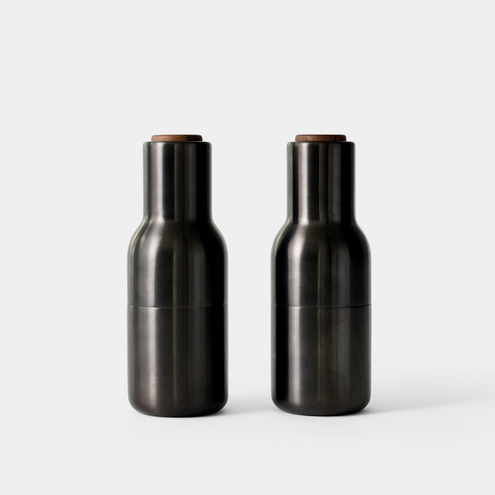 Audo Copenhagen Bottle Grinder in Bronzed Brass metal with walnut top