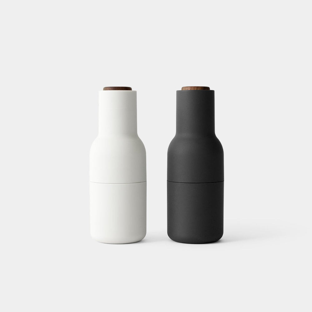 Audo Copenhagen Bottle Grinder in Carbon and Ash with Walnut top — modern salt and pepper mill