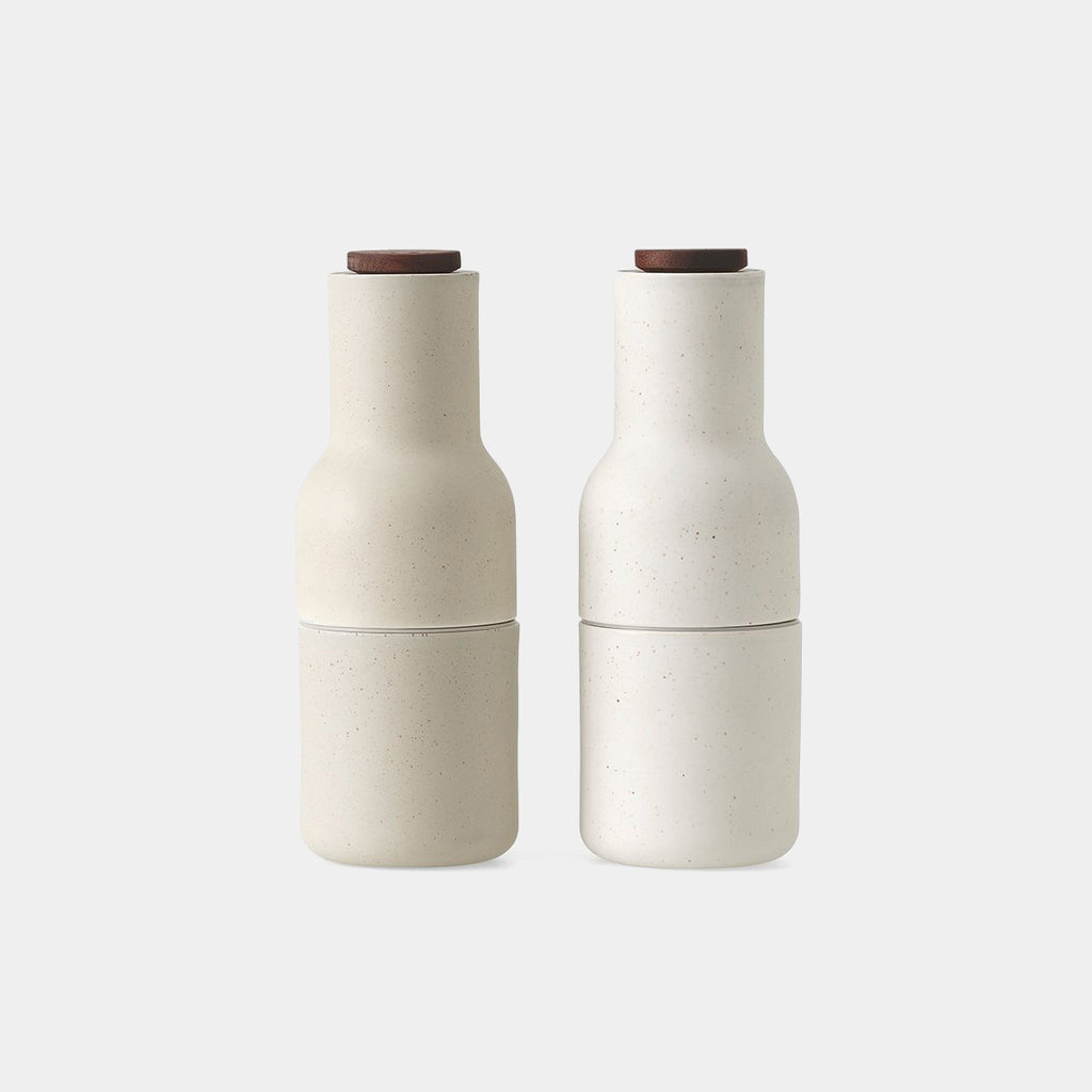 Audo Copenhagen Bottle Grinders in ceramic finish with walnut top