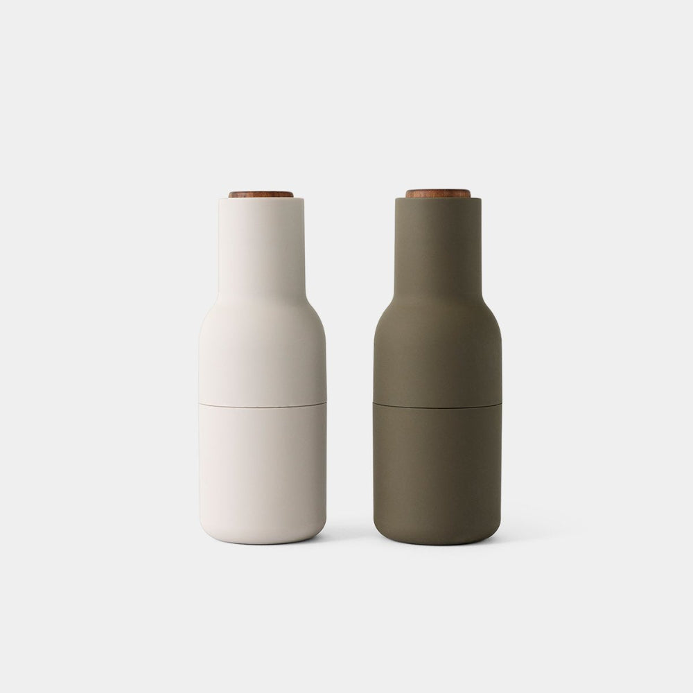 Audo Copenhagen Bottle Grinder in Hunting Green with Walnut top — modern Scandinavian grinder