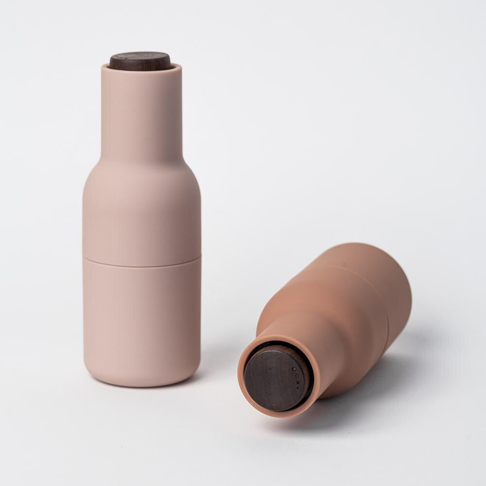Audo Copenhagen Bottle Grinder in Nude with Walnut Top — minimalist salt and pepper mill
