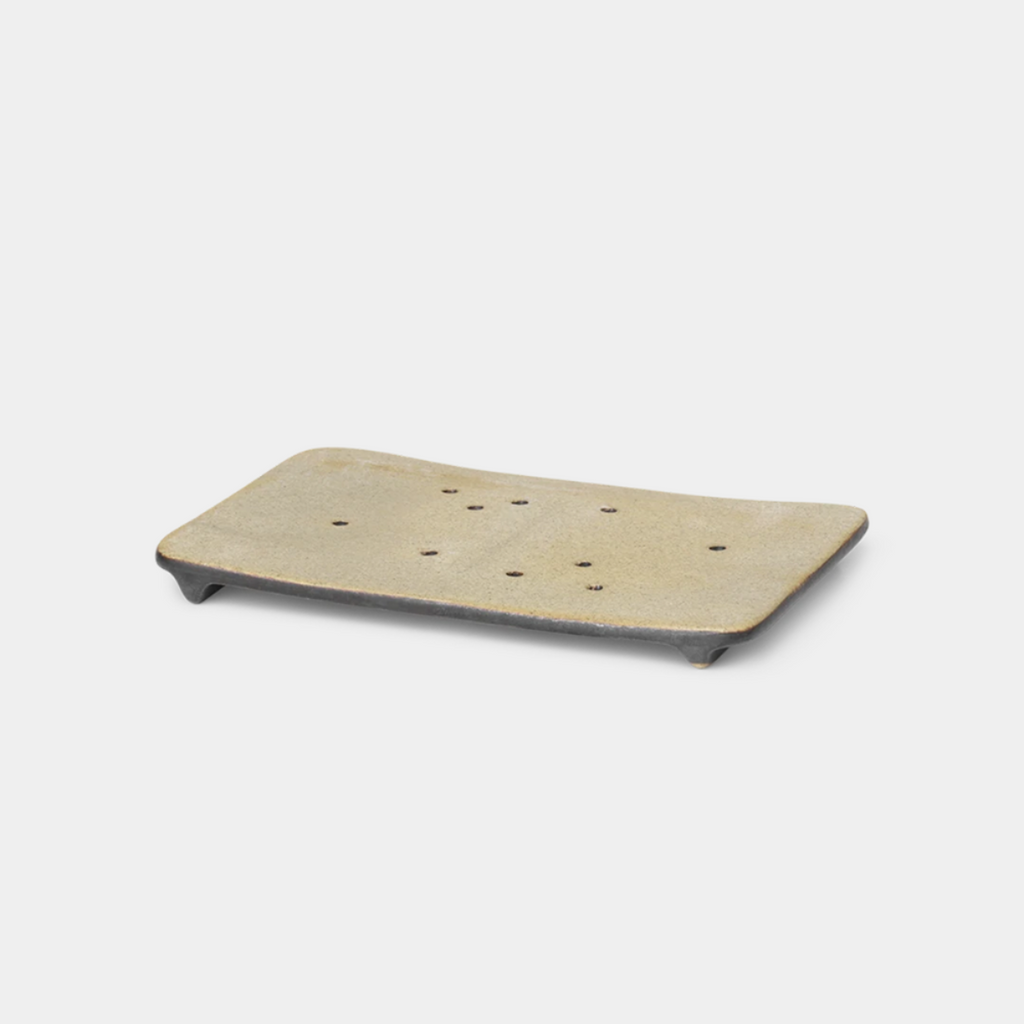 Rectangular oak soap tray in warm Sand finish with slotted base for drainage.