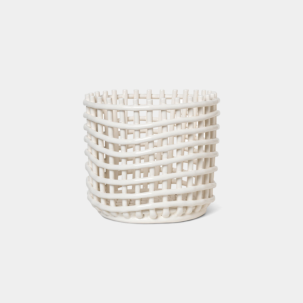 Ferm Living Ceramic Basket Large in Off-White — handcrafted glazed ceramic vessel with a sculptural woven texture, photographed against a light neutral background