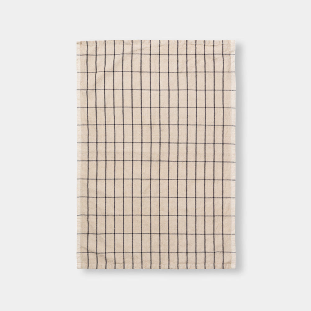 Ferm Living Hale Tea Towel in Sand / Black — neutral linen-cotton towel with high contrast weave