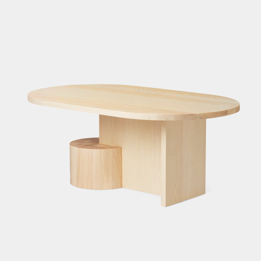Ferm Living Insert Coffee Table in Natural Ash — solid ash wood table with floating oval top and geometric supports