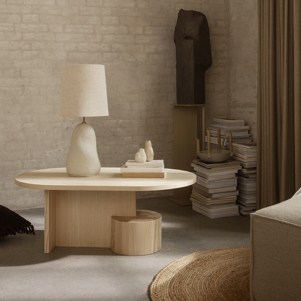Insert Coffee Table in Natural Ash by Ferm Living styled in warm minimalist living space