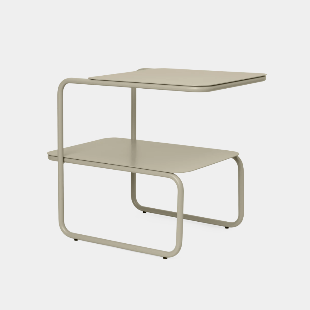 Side view of Ferm Living Level Side Table in cashmere — bold steel side table with two levels and modern design
