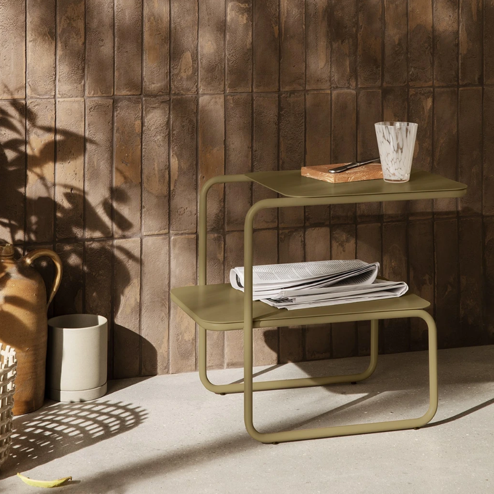 Ferm Living Level Side Table in Olive — powder-coated steel with dual surfaces and sculptural geometry