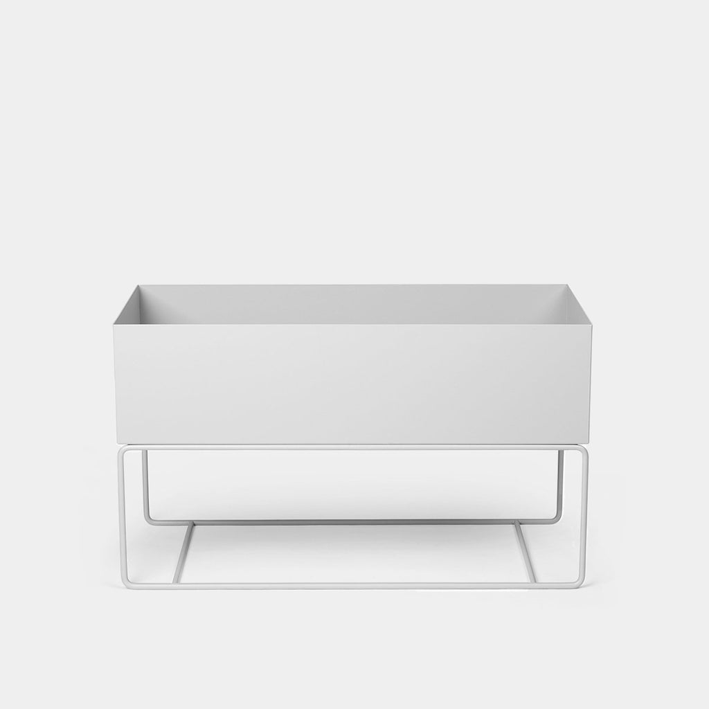Ferm Living Large Plant Box in light grey powder-coated steel shown on a neutral background, ideal for use as a planter, storage solution, or modern interior divider.
