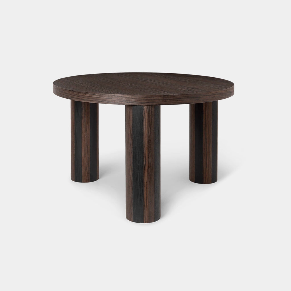 Ferm Living Post Coffee Table Small in smoked oak striped finish with cylindrical legs.