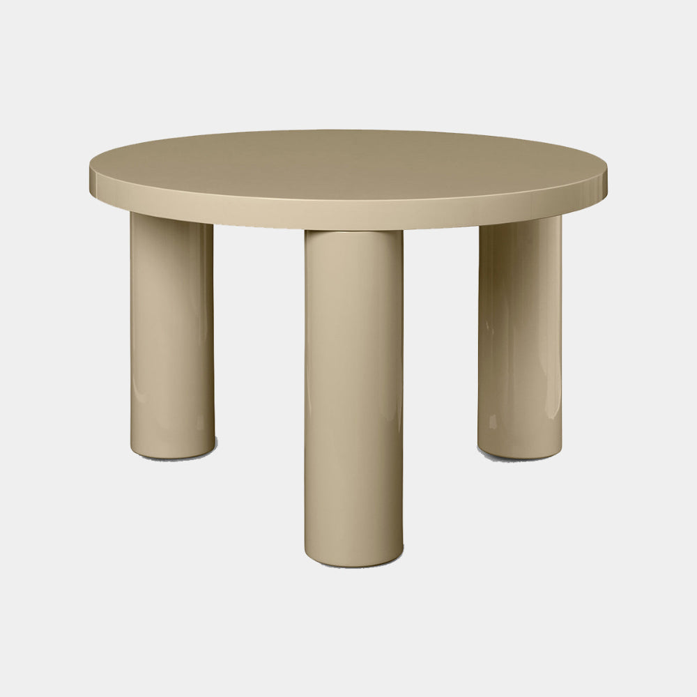 Ferm Living Post Table Small in high-gloss Cashmere finish with round top and cylindrical legs.