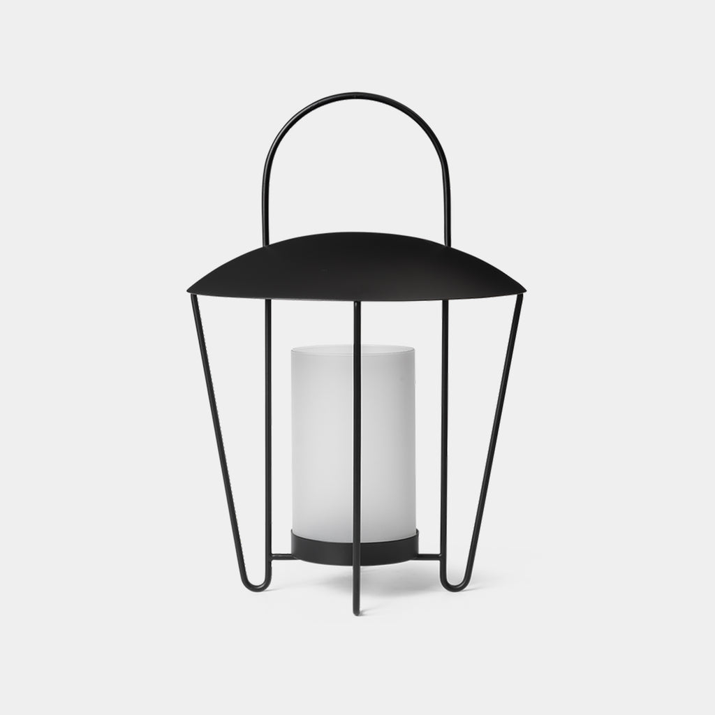 Ferm Living Abri lantern in black metal with frosted glass insert and domed top with handle