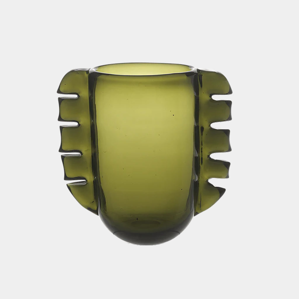 A moss green glass vase with a unique shape resembling wing structures on the sides.