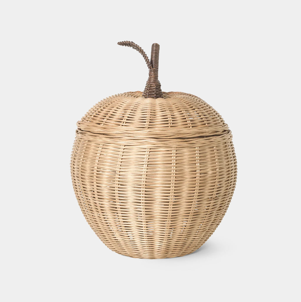 Ferm Living Braided Apple Storage basket in natural rattan with sculptural apple shape and woven texture