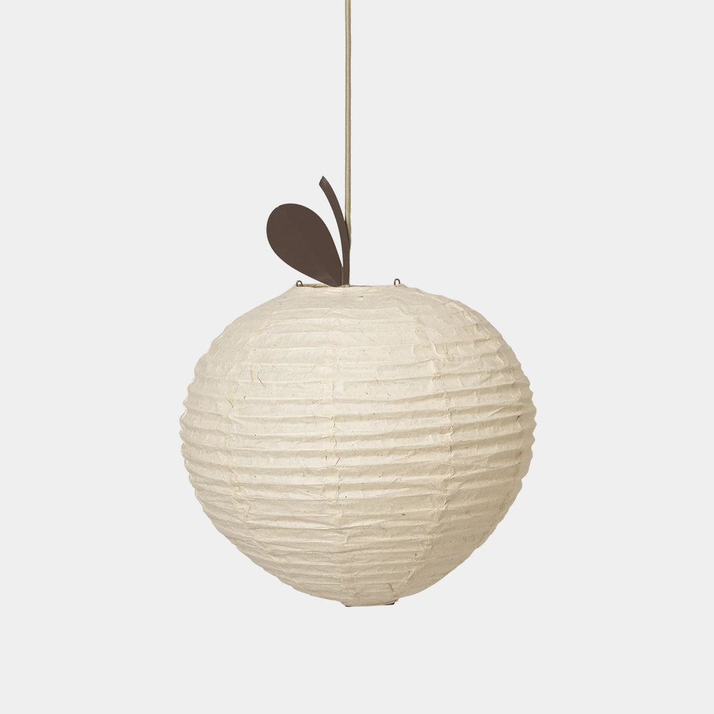 Apple-shaped Washi paper lampshade with metal leaf detail, soft diffused glow, shown against a neutral background