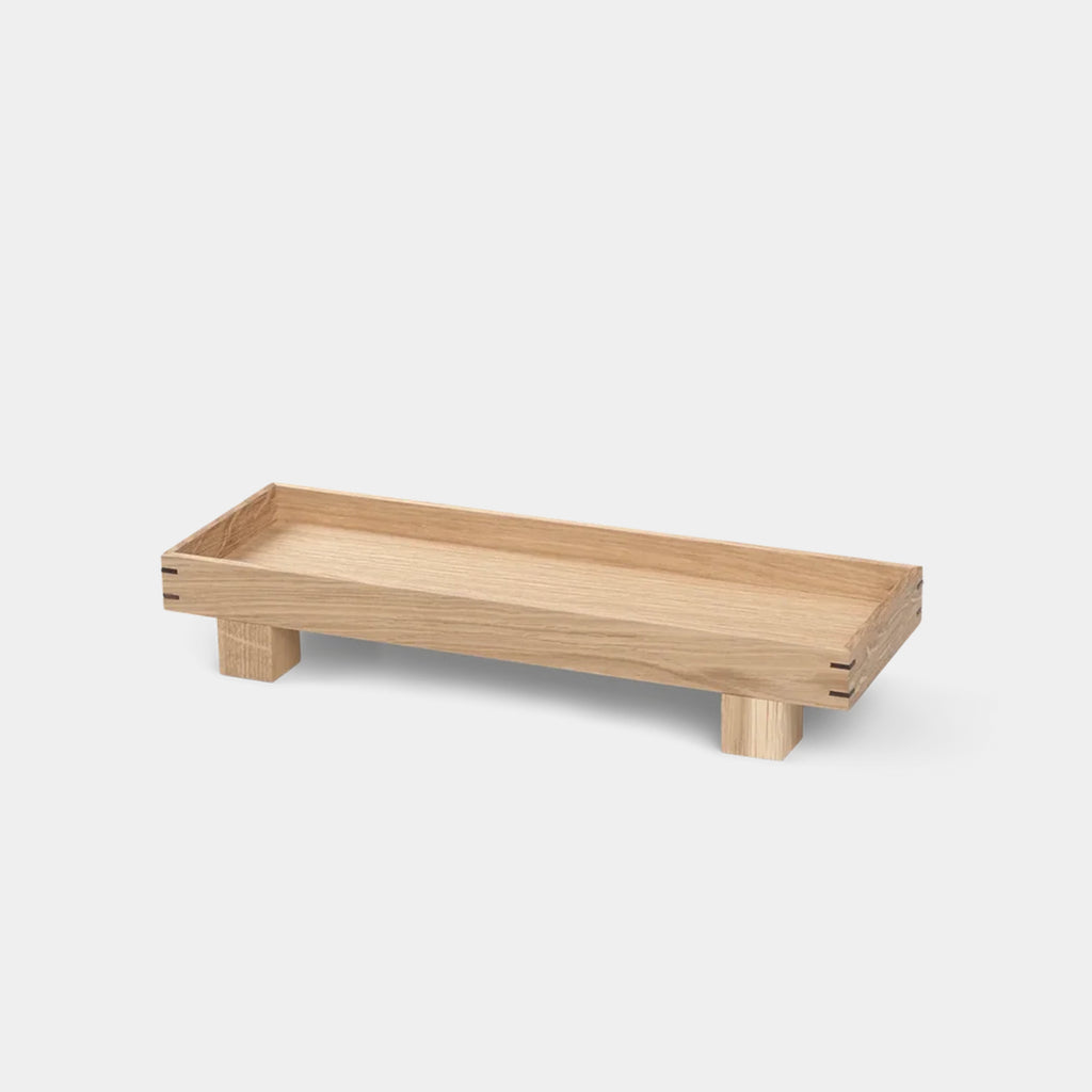 Top-down view of the Bon Wooden Tray XS in natural oak, highlighting the rectangular shape and solid oak grain.