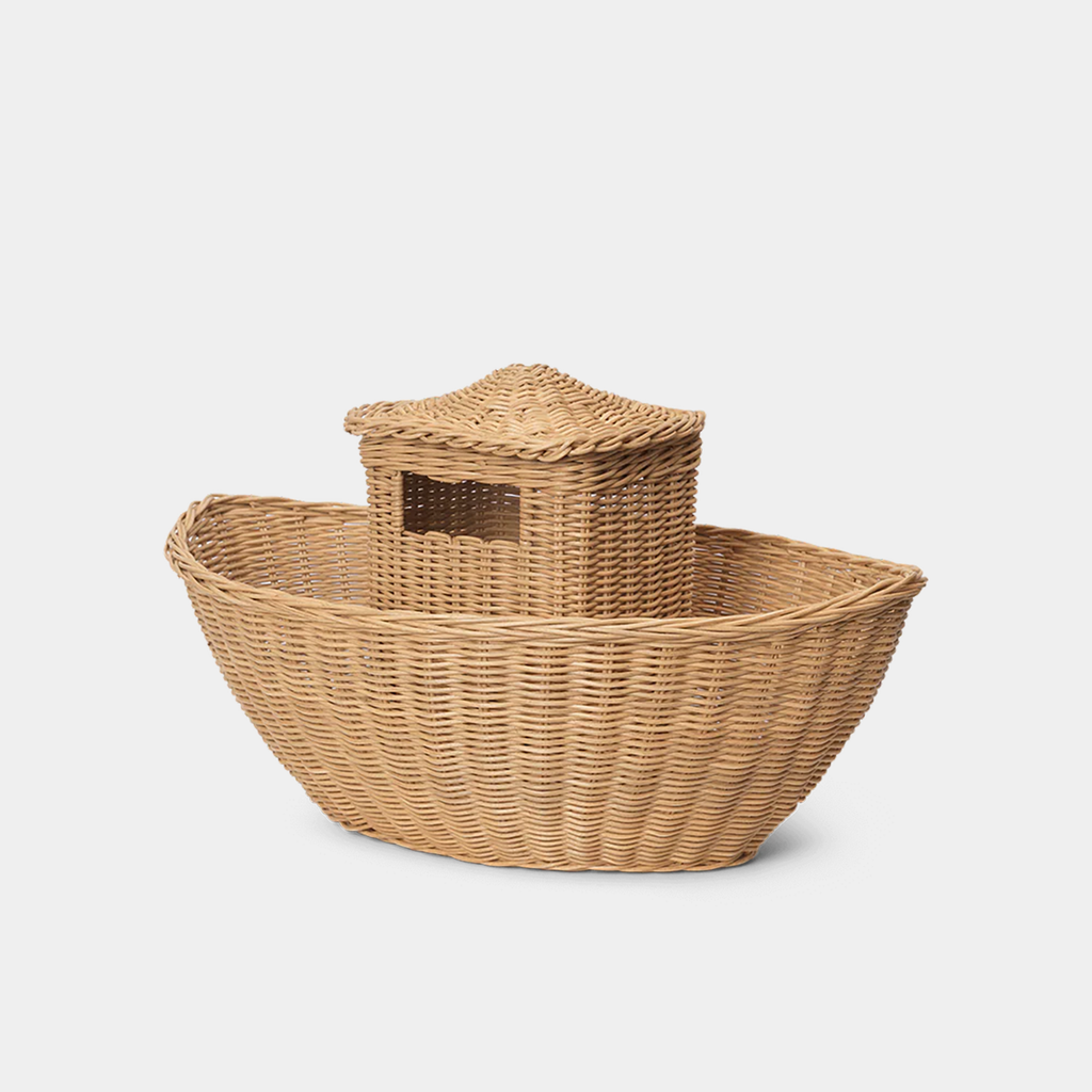 Braided rattan ark with removable roof used for toy storage, shown on a neutral background