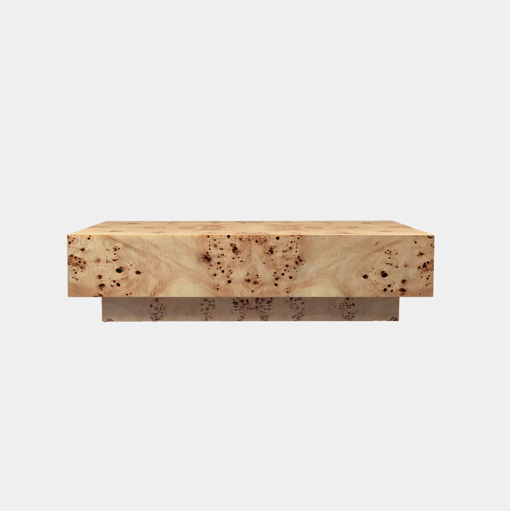 Burl Coffee Table by Ferm Living in natural poplar burl veneer, 27.56 inch W × 46.06 inch D × 11.81 inch H