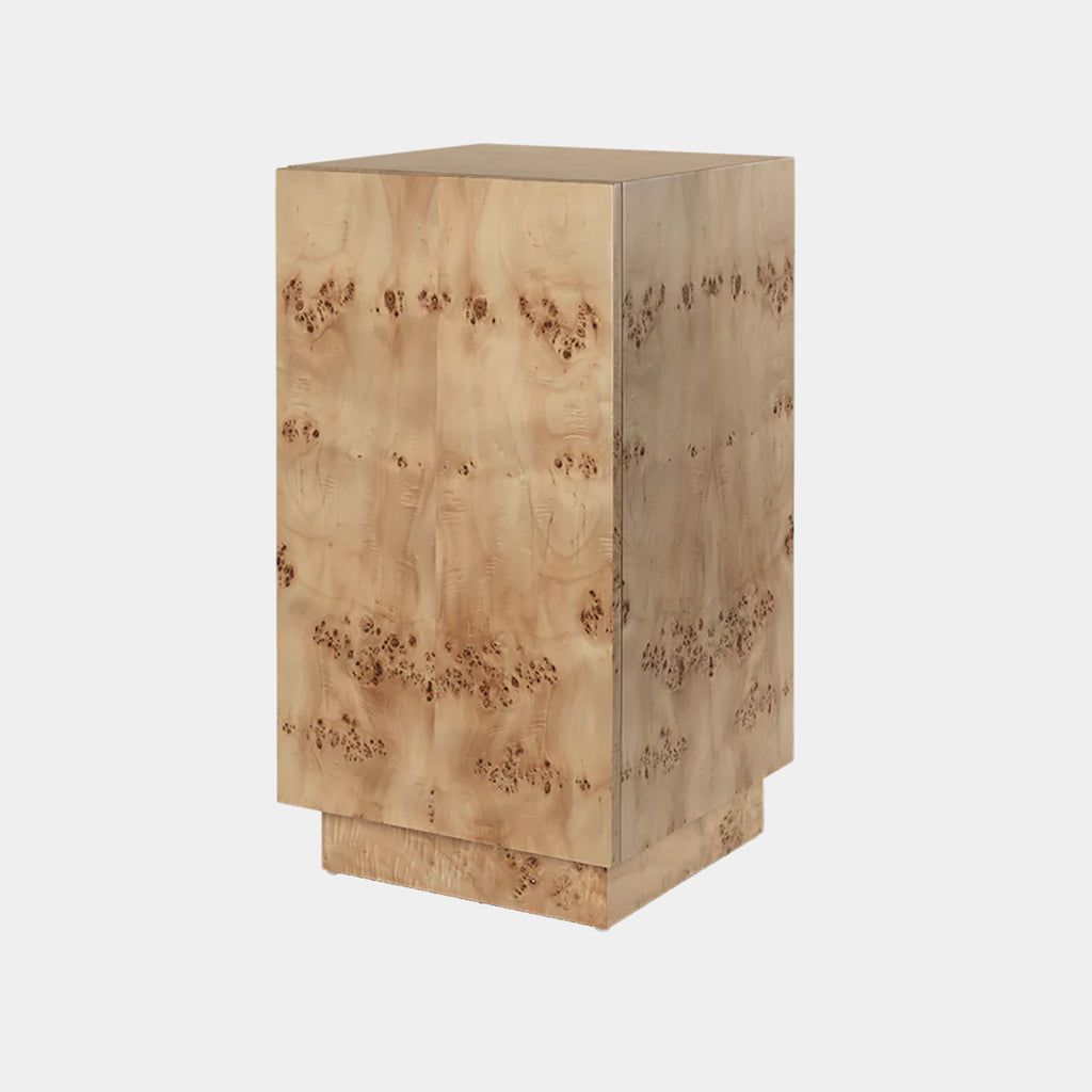 Burl Side Table by Ferm Living in natural poplar burl veneer, pedestal silhouette with hidden storage, 13.78 in W × 26.38 in H × 13.78 in D
