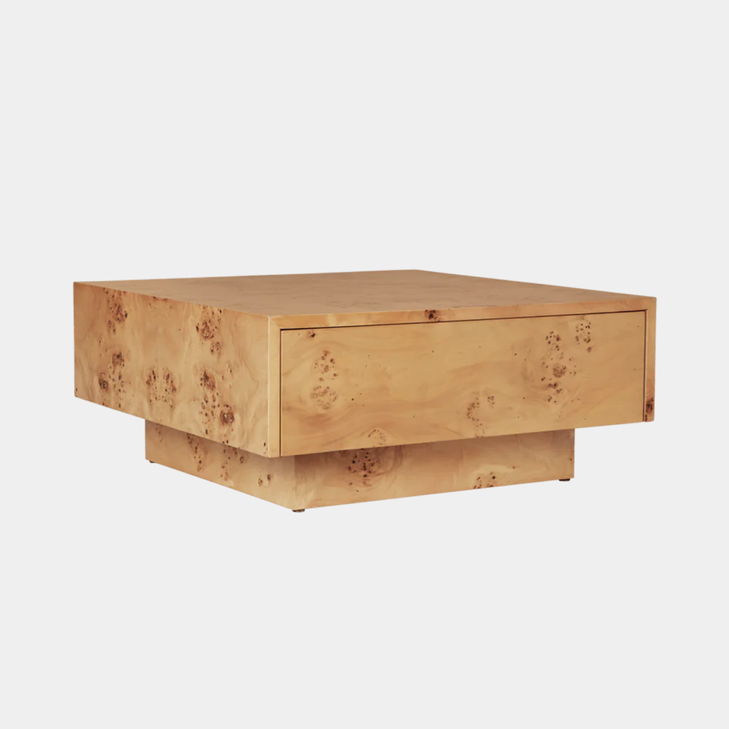 Ferm Living natural Burl Storage coffee table shown against neutral background. 