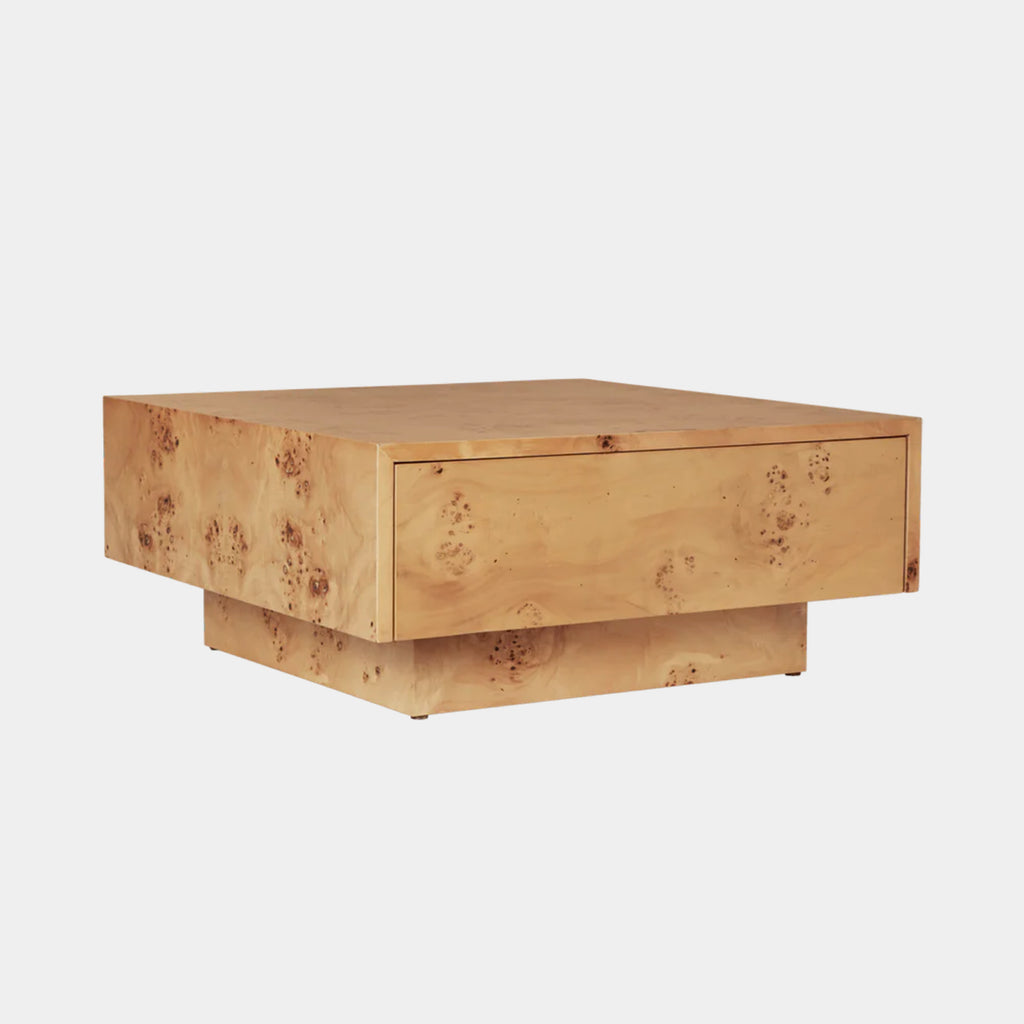 Ferm Living natural Burl Storage coffee table shown against neutral background. 