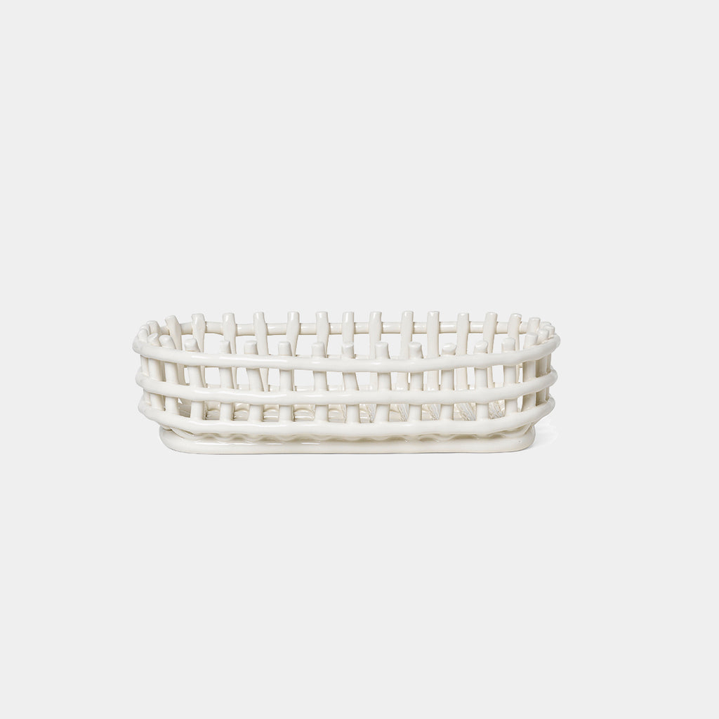 Ceramic Basket Oval by Ferm Living in Off-White glazed ceramic, 11.81 inch W × 5.91 inch D × 3.35 inch H