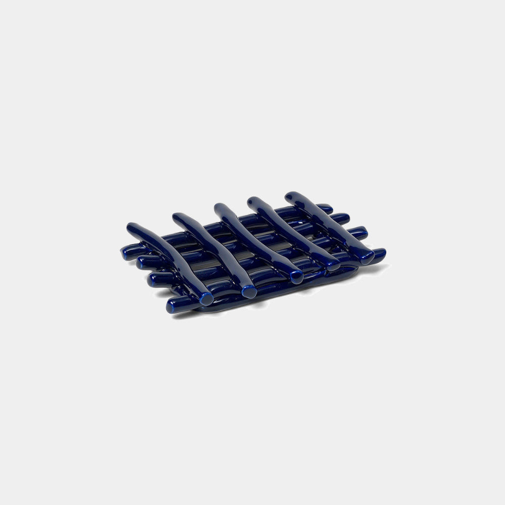Ceramic Soap Tray by Ferm Living in Blue glazed ceramic with raised strap design