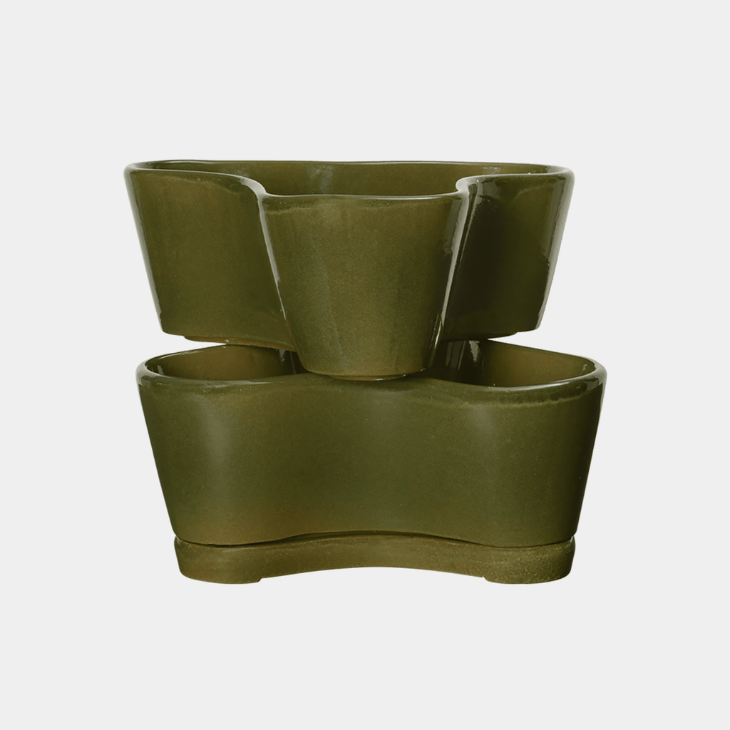 Ferm Living Gemi stackable planter in moss green glazed terracotta with layered clover-shaped tiers