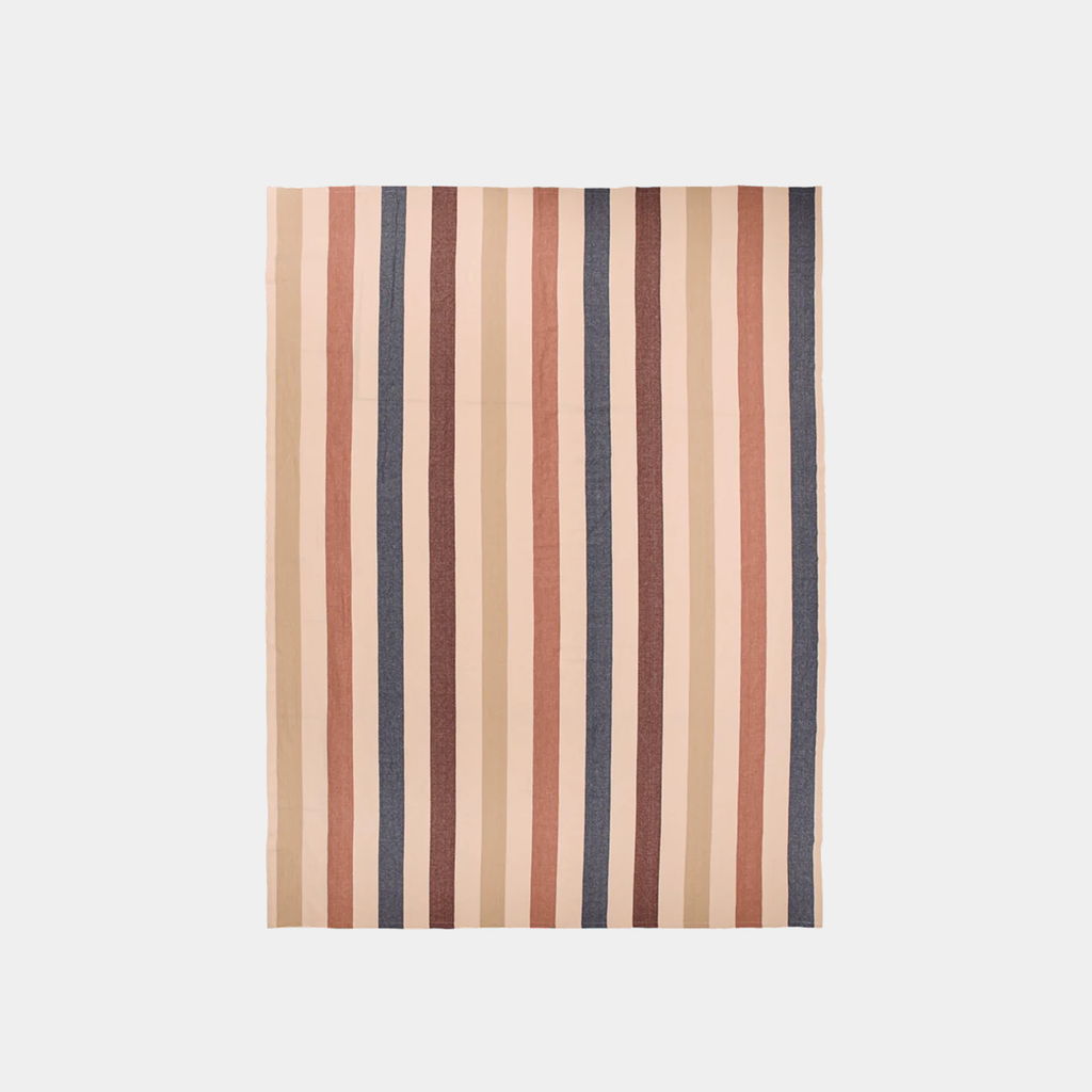 Ferm Living Hale tablecloth in Cashmere Mocha Indigo Blue striped cotton and linen blend