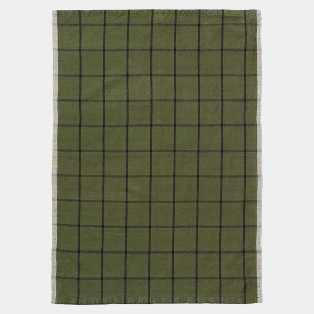 Ferm Living Hale Tea Towel in Green and Black check — yarn-dyed linen-cotton towel with natural tone