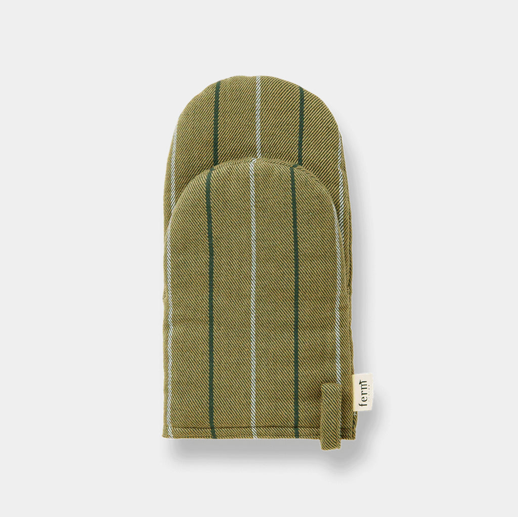 Ferm Living Ito oven mitt in seaweed with subtle striped twill design on neutral background