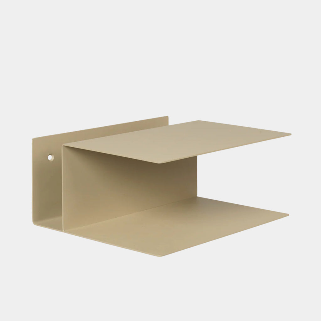 Ferm Living Lager Bedside Table in cashmere powder-coated iron featuring floating wall-mounted shelves with integrated cable cutout