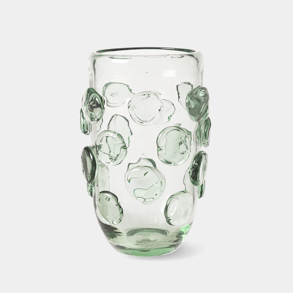 Ferm Living Lump Vase in Green, mouth-blown glass with chunky hand-applied dots, 9.84" tall