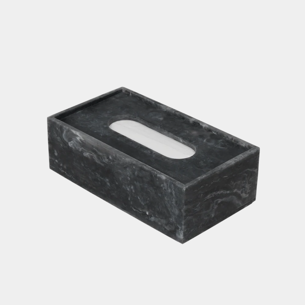 Ferm Living Mist Tissue Box cover front view in charcoal resin with swirling marble pattern