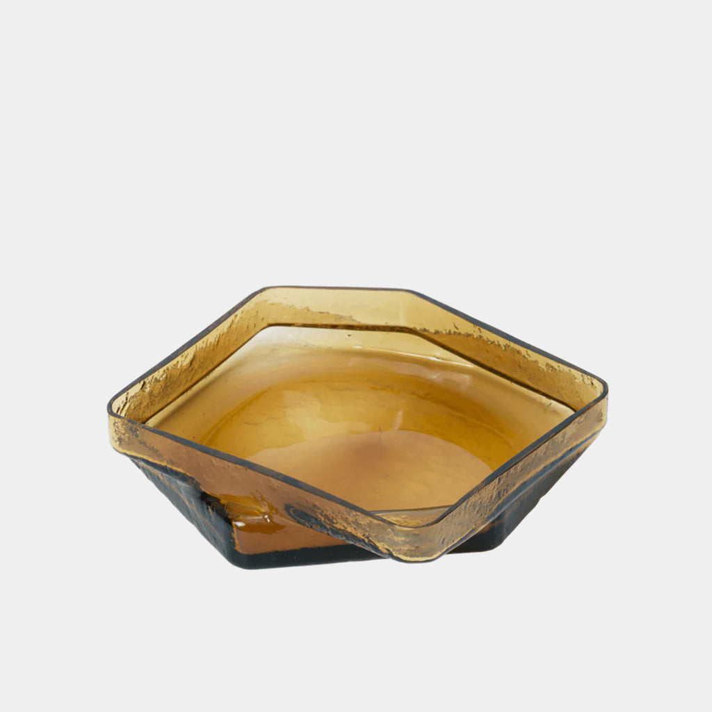 Overhead image of Ferm Living Muro centerpiece in recycled amber glass with textured surface and shallow bowl form