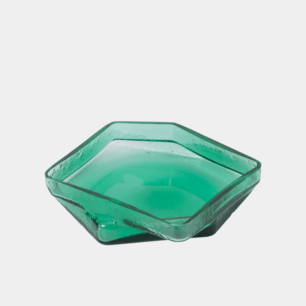Overhead image of Ferm Living Muro centerpiece in recycled green glass with textured surface and shallow bowl form