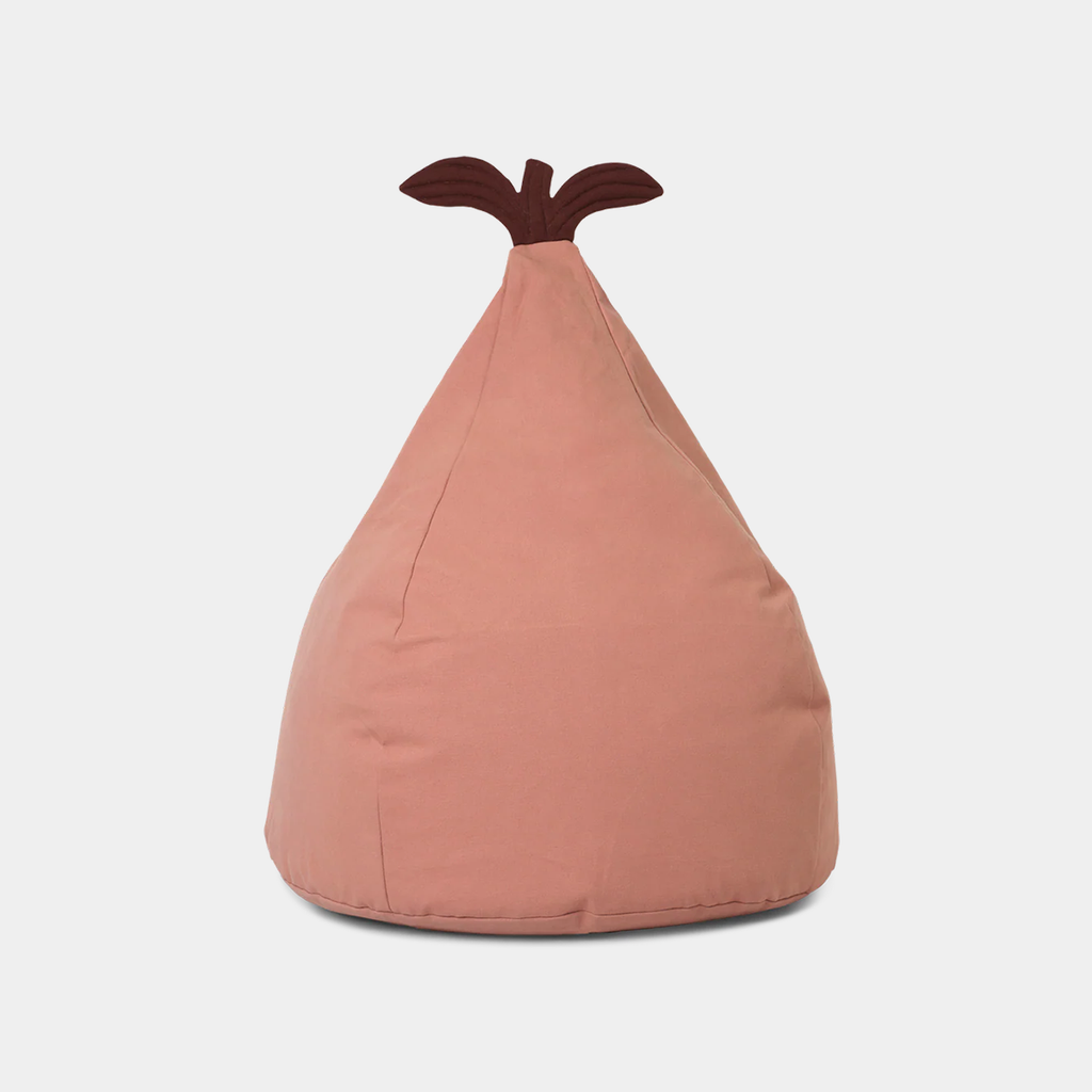 Pear-shaped bean bag in Dusty Rose organic cotton with fabric stalk, shown on a neutral background